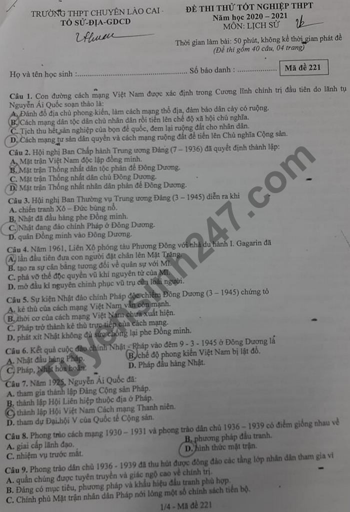 De thi thu Tot nghiep THPT 2021 lan 1 THPT Chuyen Lao Cai mon Su