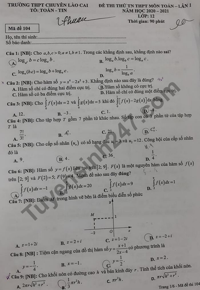 De thi thu Tot nghiep THPT 2021 mon Toan lan 1 THPT Chuyen Lao Cai