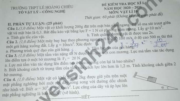 De thi hoc ki 1 nam 2020 THPT Le Hoang Chieu lop 10 mon Ly