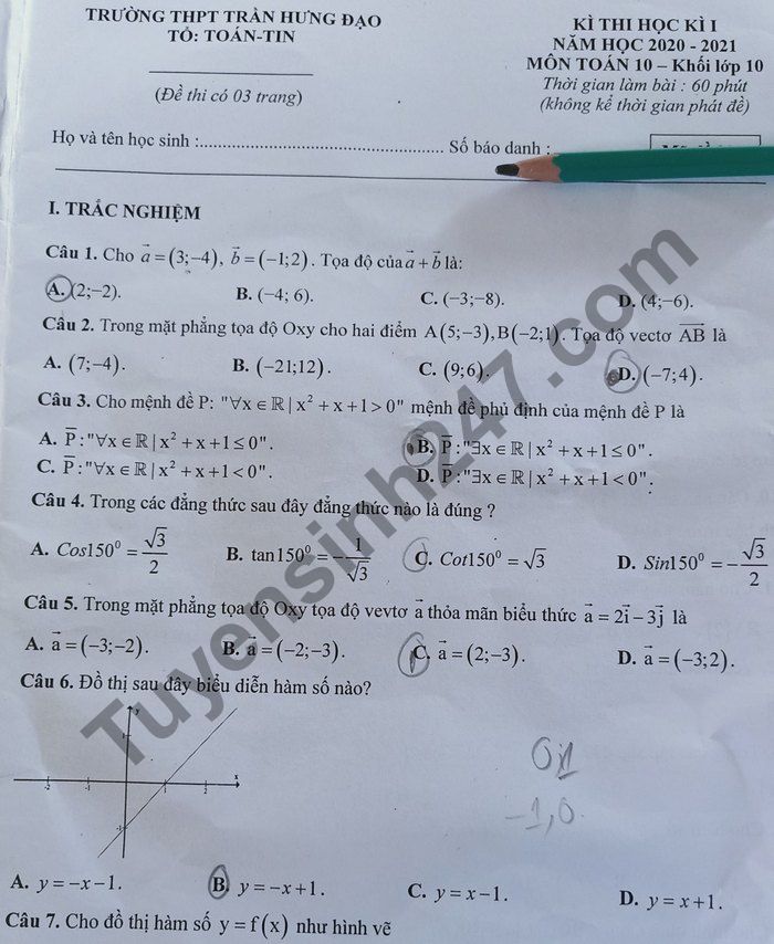 De thi hoc ki 1 mon Toan lop 10 THPT Tran Hung Dao 2020