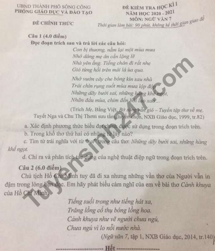 De thi hoc ki 1 mon Van lop 7 TP Song Cong 2020 - 2021