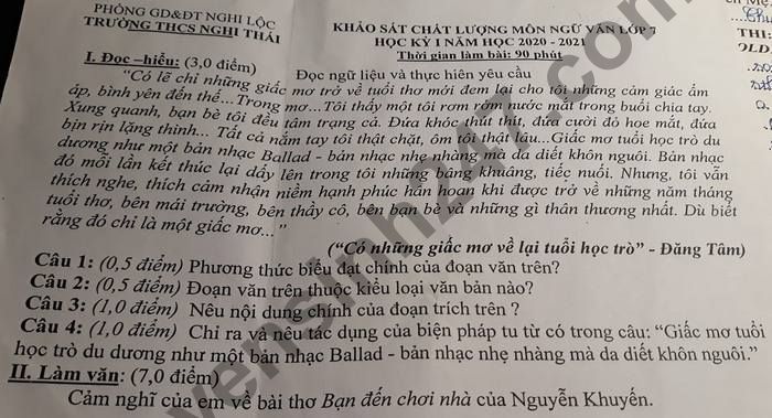 De thi hoc ki 1 nam 2020 THCS Nghi Thai lop 7 mon Van