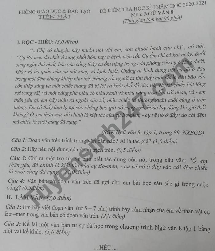 De thi hoc ki 1 mon Van lop 8 Phong GD Tien Hai 2020 - 2021