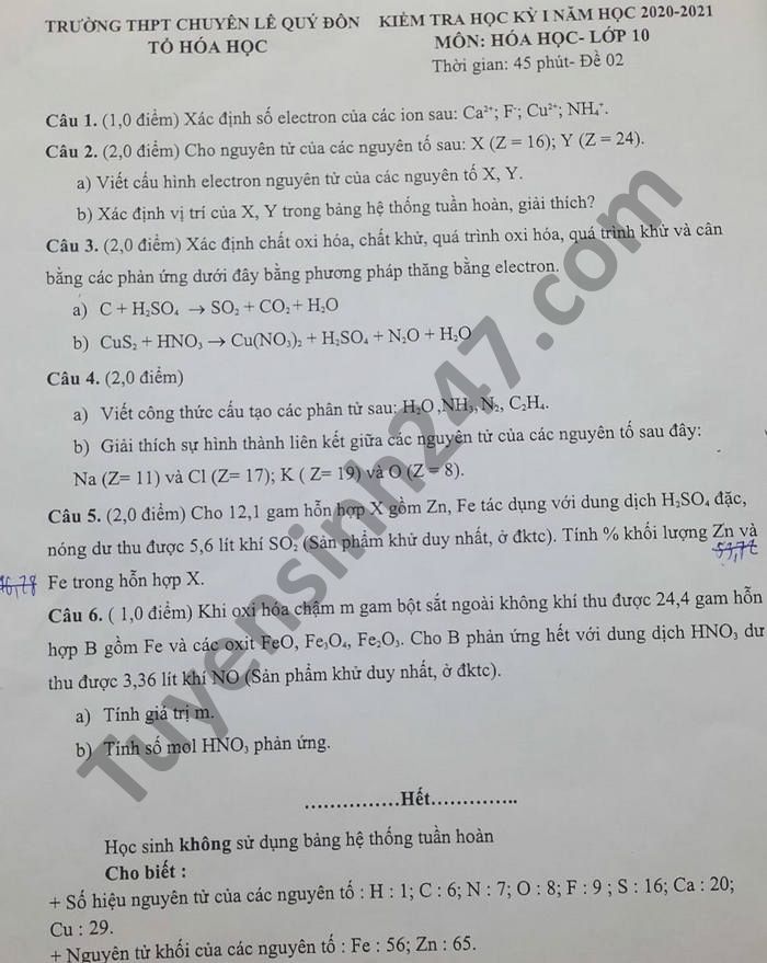 De thi hoc ki 1 2020 THPT chuyen Le Quy Don mon Hoa lop 10