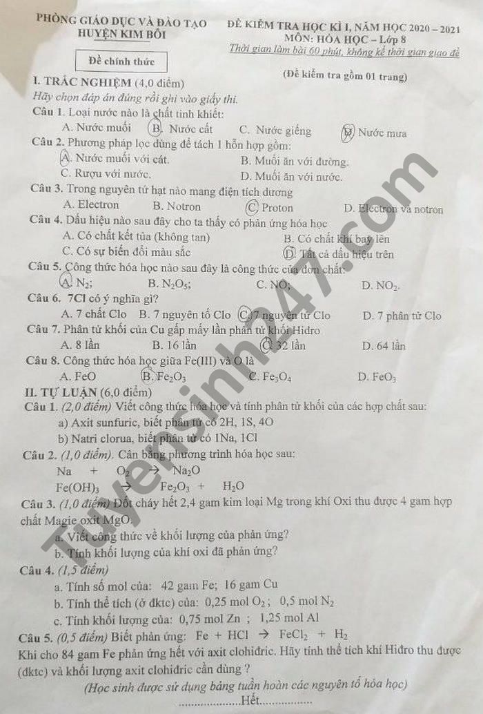 De thi hoc ki 1 huyen Kim Boi nam 2020 mon Hoa lop 8
