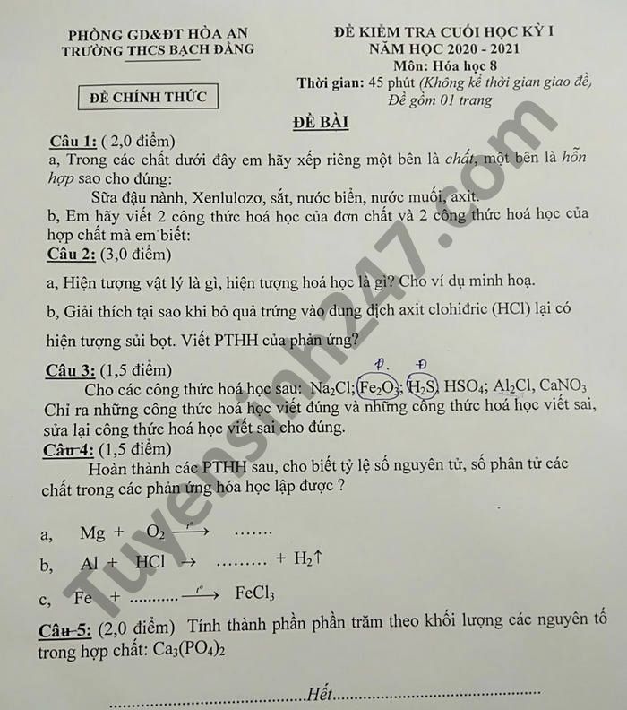 De thi hoc ki 1 nam 2020 THCS Bach Dang mon Hoa lop 8