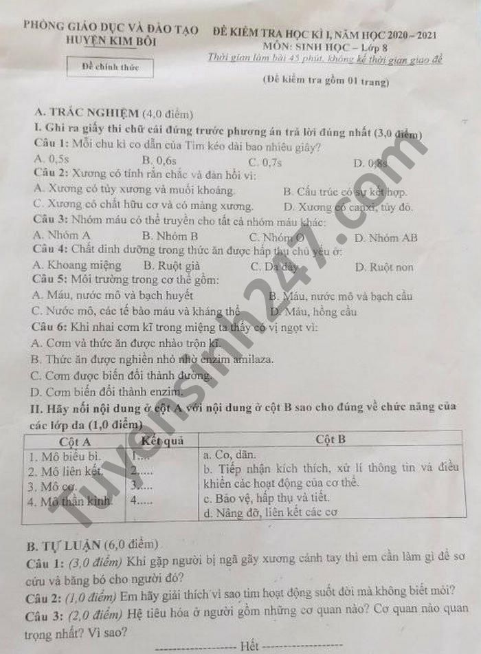 De thi hoc ki 1 mon Sinh lop 8 huyen Kim Boi nam 2020