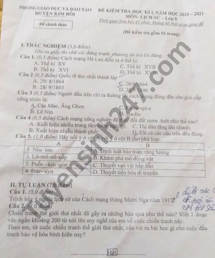 De thi hoc ki 1 nam 2020 huyen Kim Boi mon Su lop 8