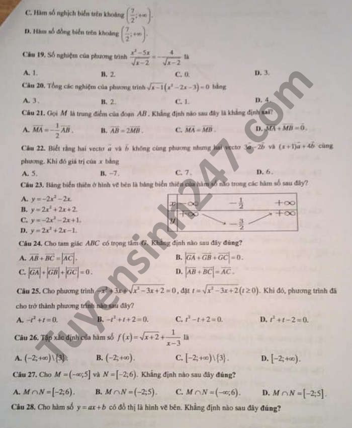 De thi hoc ki 1 mon Toan lop 10 nam 2020 THPT Quang Trung