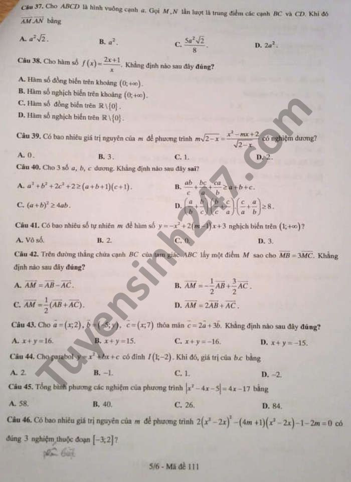 De thi hoc ki 1 mon Toan lop 10 nam 2020 THPT Quang Trung