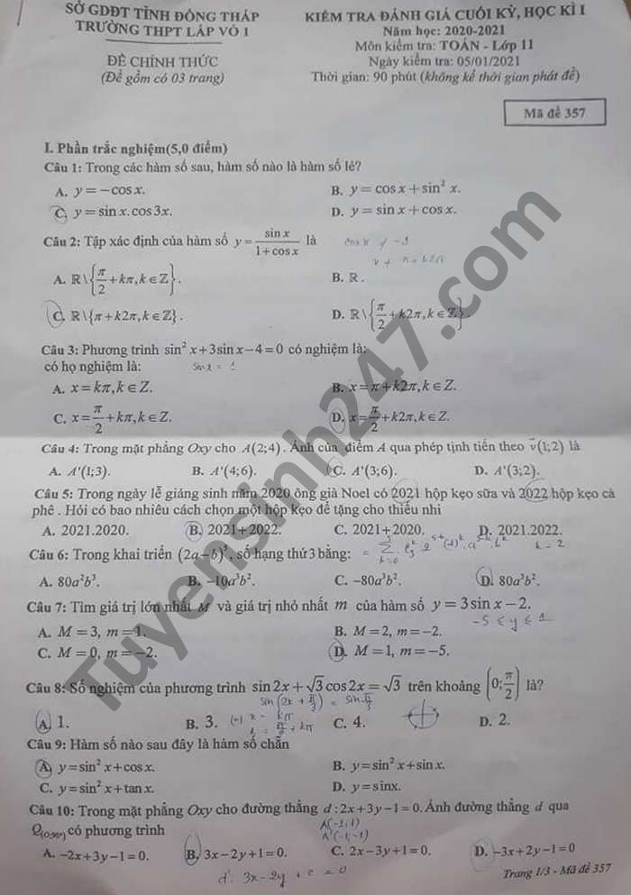 De thi hoc ki 1 nam 2020 mon Toan lop 11 THPT Lap Vo 1