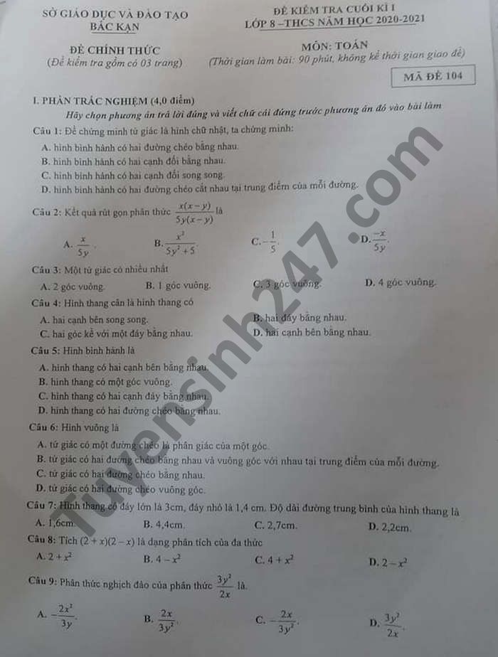 De thi hoc ki 1 Toan lop 8 nam 2020 tinh Bac Kan