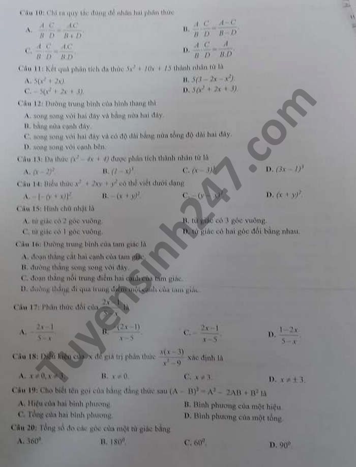 De thi hoc ki 1 Toan lop 8 nam 2020 tinh Bac Kan
