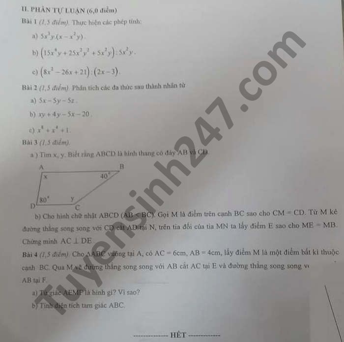 De thi hoc ki 1 Toan lop 8 nam 2020 tinh Bac Kan
