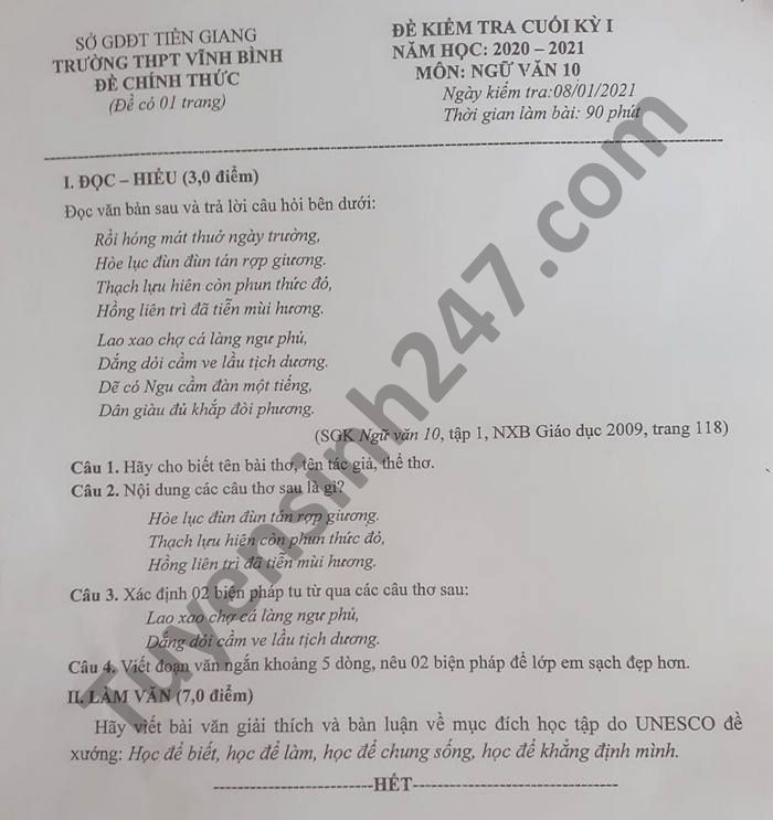 De thi hoc ki 1 nam 2020 mon Van lop 10 THPT Vinh Binh