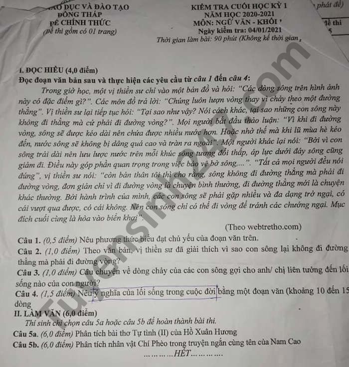 De thi hoc ki 1 lop 11 tinh Dong Thap mon Van nam 2020