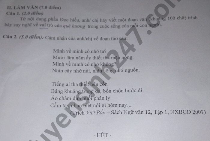 De thi hoc ki 1 nam 2020 THPT Cat Ngan mon Van lop 12