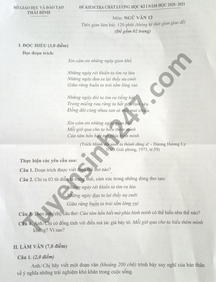 De thi hoc ki 1 nam 2020 mon Van lop 12 tinh Thai Binh