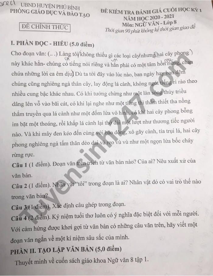 De thi hoc ki 1 nam 2020 Van lop 8 Phong GD Phu Binh