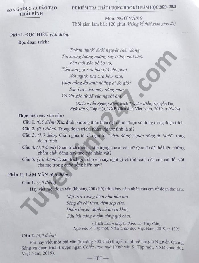 De thi hoc ki 1 nam 2020 tinh Thai Binh mon Van lop 9