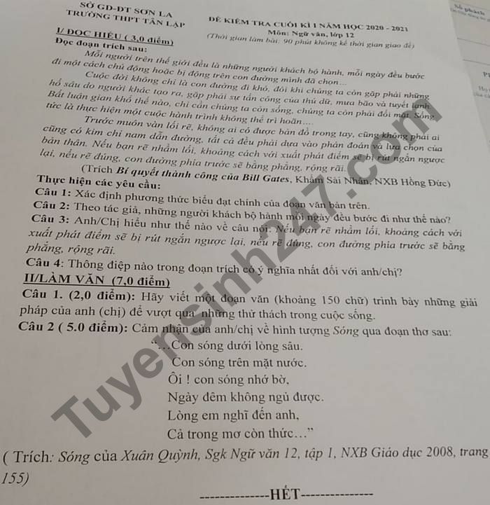 De thi hoc ki 1 mon Van lop 12 THPT Tan Lap 2020 - 2021