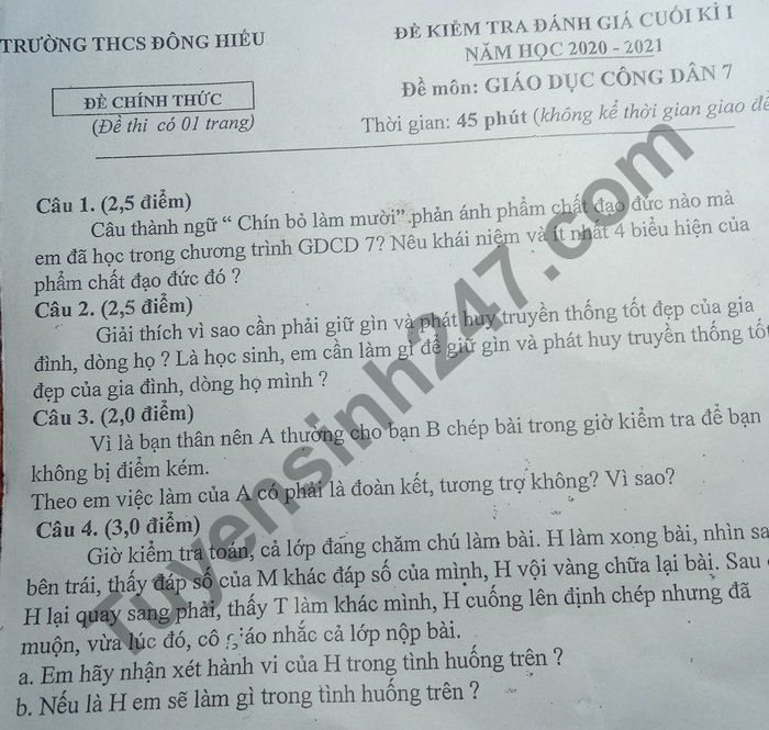 De thi hoc ki 1 lop 7 mon GDCD Truong THCS Dong Hieu 2020