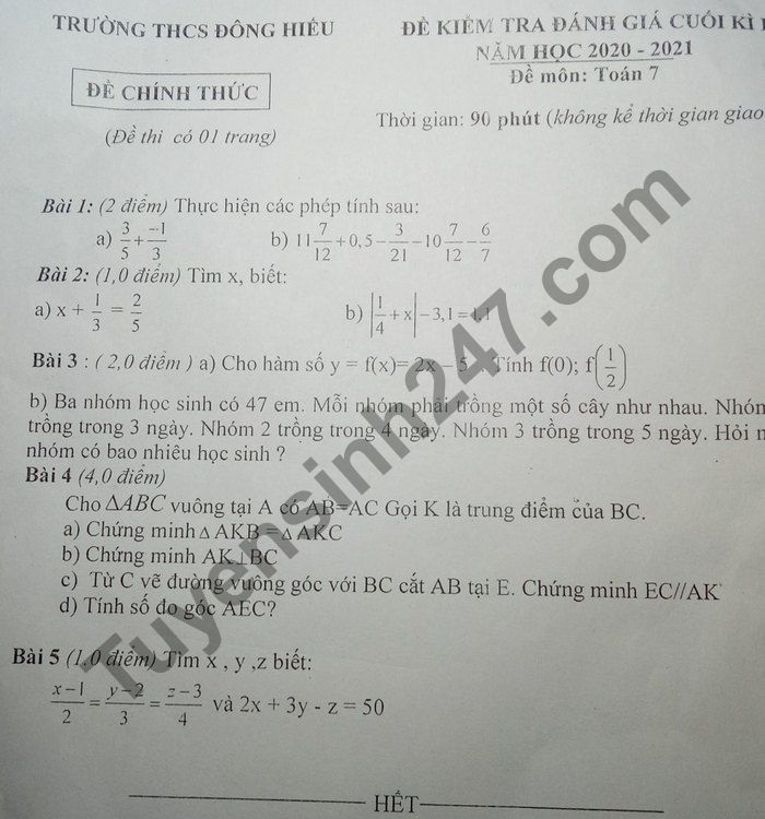 De thi hoc ki 1 mon Toan lop 9 THCS Dong Hieu 2020 - 2021