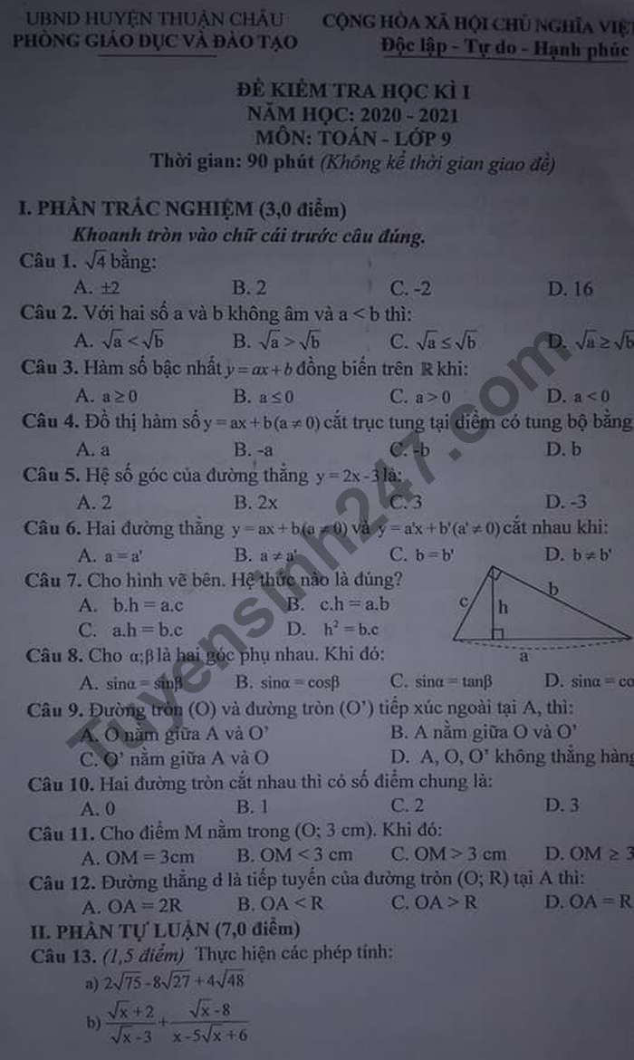 De thi hoc ki 1 nam 2020 huyen Thuan Chau lop 9 mon Toan