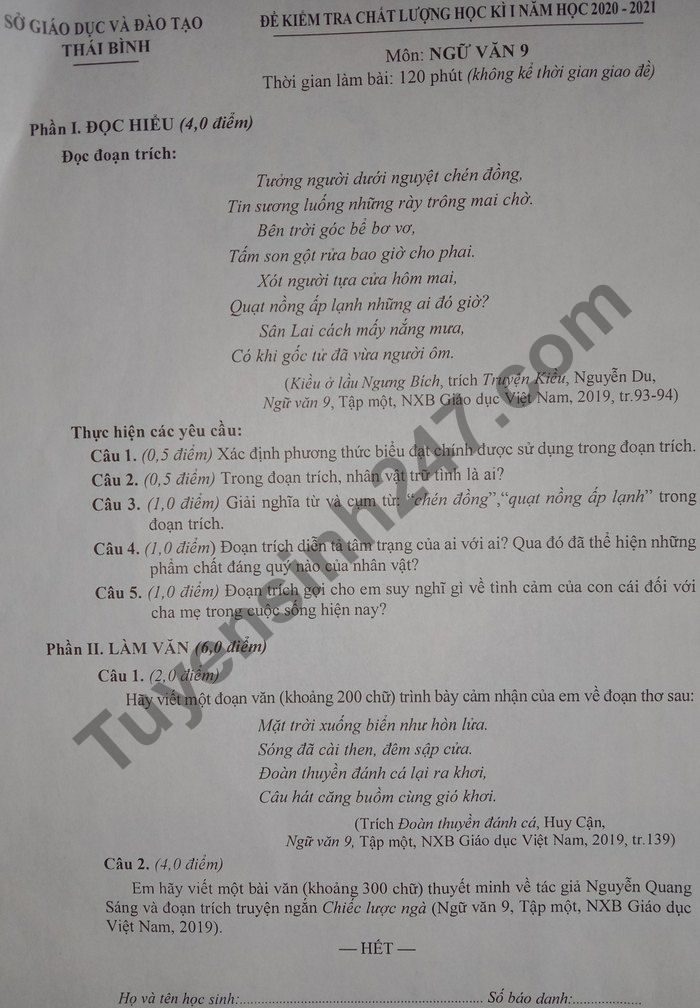 De thi hoc ki 1 mon Van lop 9 So GD Thai Binh 2020 - 2021