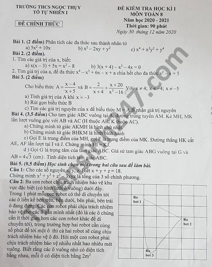 De thi hoc ki 1 nam 2020 THCS Ngoc Thuy mon Toan lop 8
