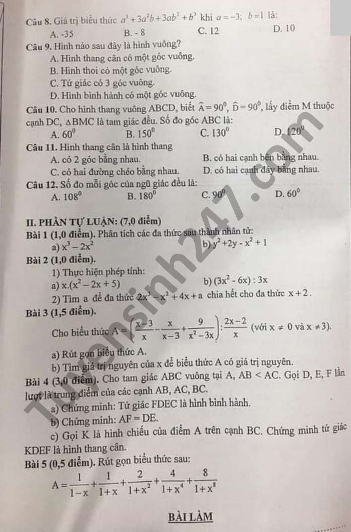 De thi hoc ki 1 Toan lop 8 nam 2020 Phong GD TP Thai Nguyen