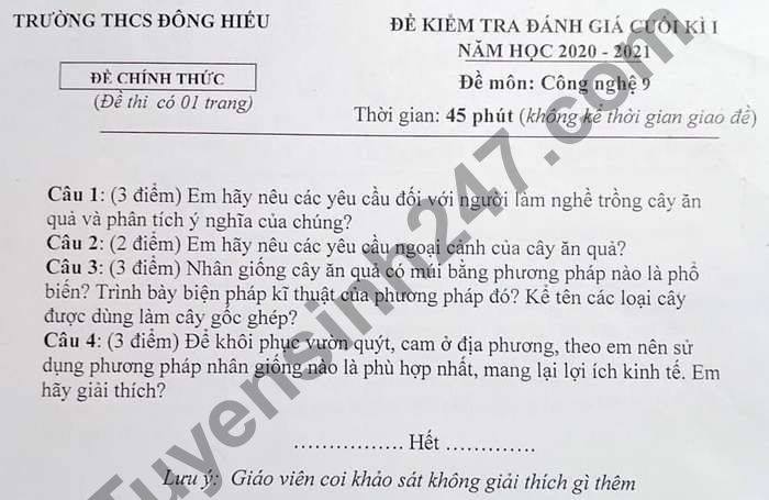 De thi hoc ki 1 nam 2020 THCS Dong Hieu mon Cong Nghe lop 9