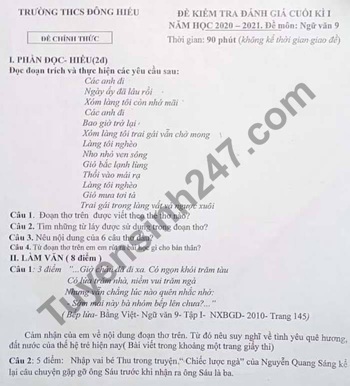 De thi hoc ki 1 nam 2020 THCS Dong Hieu mon Van lop 9