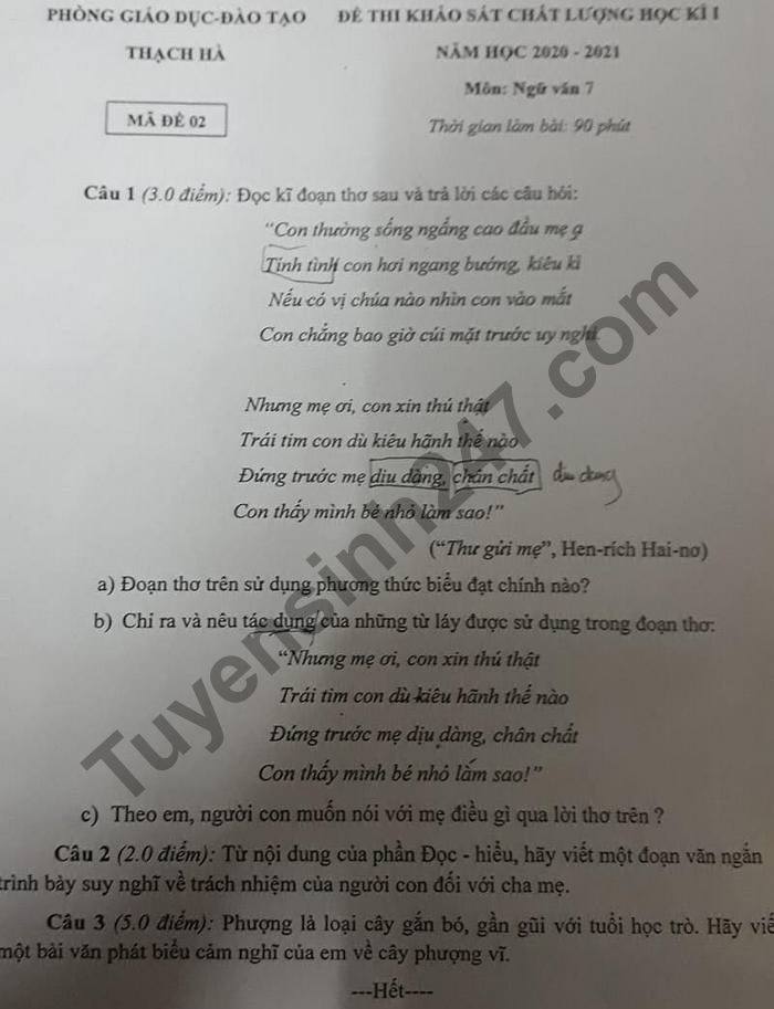 De thi hoc ki 1 Phong GD Thach Ha nam 2020 mon Van lop 7