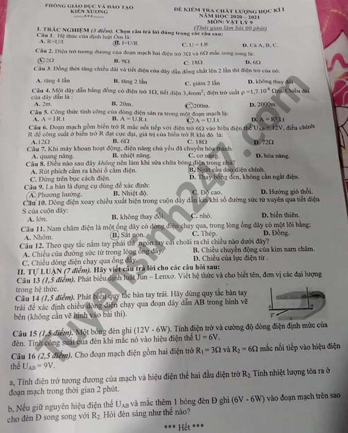 De thi hoc ki 1 huyen Kien Xuong mon Ly lop 9 nam 2020