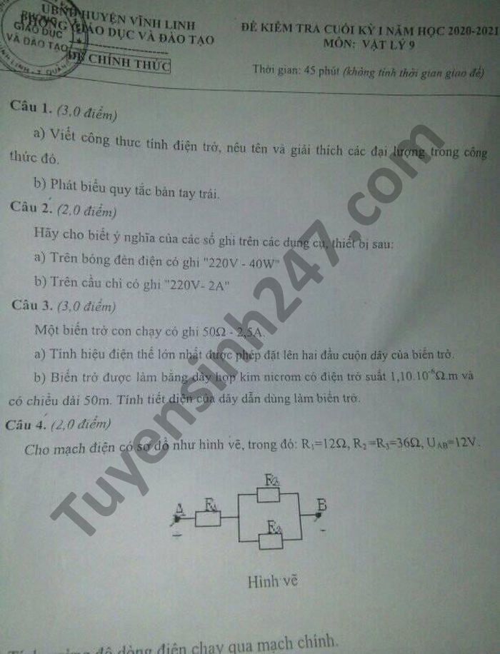 De thi hoc ki 1 mon Ly lop 9 huyen Vinh Linh nam 2020