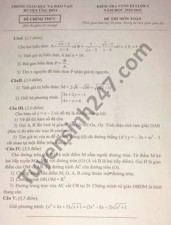 De thi hoc ki 1 nam 2020 mon Toan lop 9 huyen Ung Hoa