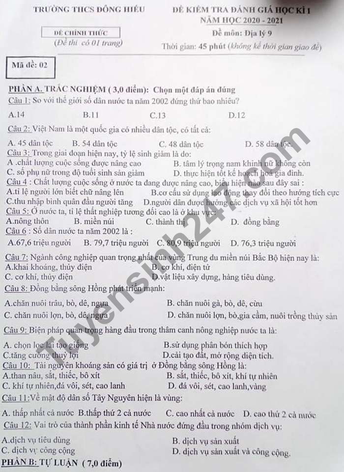 De thi hoc ki 1 nam 2020 THCS Dong Hieu mon Dia lop 9