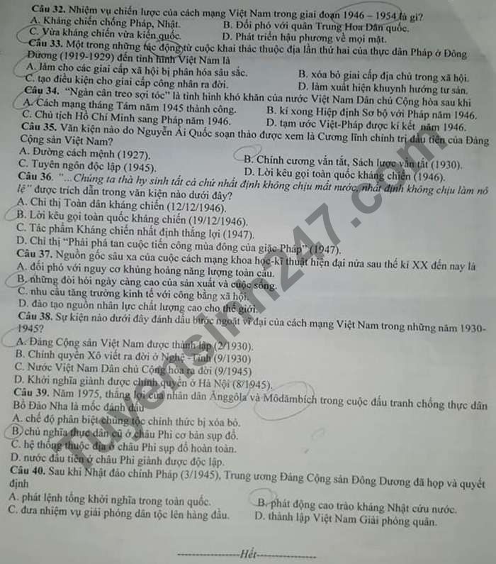 De thi hoc ki 1 nam 2020 THPT Long Huu Dong lop 12 mon Su
