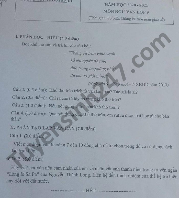 De thi hoc ki 1 mon Van lop 9 THCS Nguyen Du nam 2020