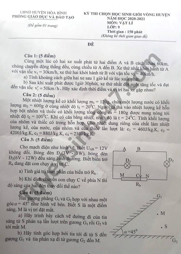 De thi chon HSG vong huyen mon Ly Phong GD Hoa Binh 2020