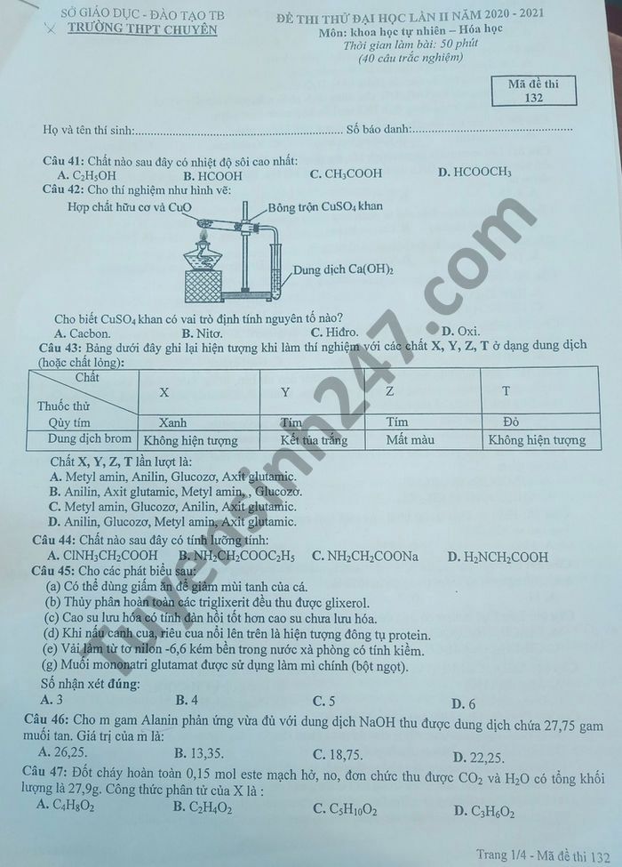 De KSCL lan 2 nam 2021 THPT chuyen Thai Binh mon Hoa lop 12