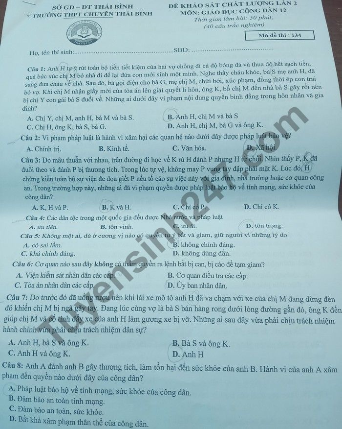 De thi KSCL lan 2 mon GDCD lop 12 THPT Chuyen Thai Binh 2021