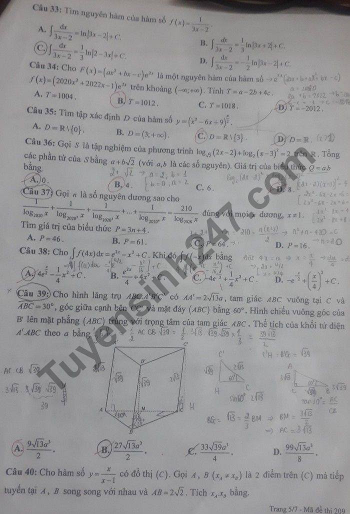 De thi thu tot nghiep THPT lan 1 mon Toan THPT chuyen Nguyen Trai 2021