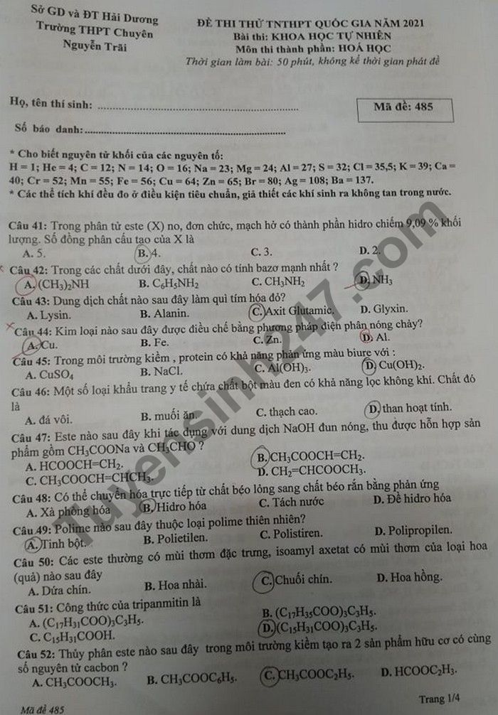 De thi thu Tot nghiep THPT 2021 lan 1 mon Hoa THPT Chuyen Nguyen Trai