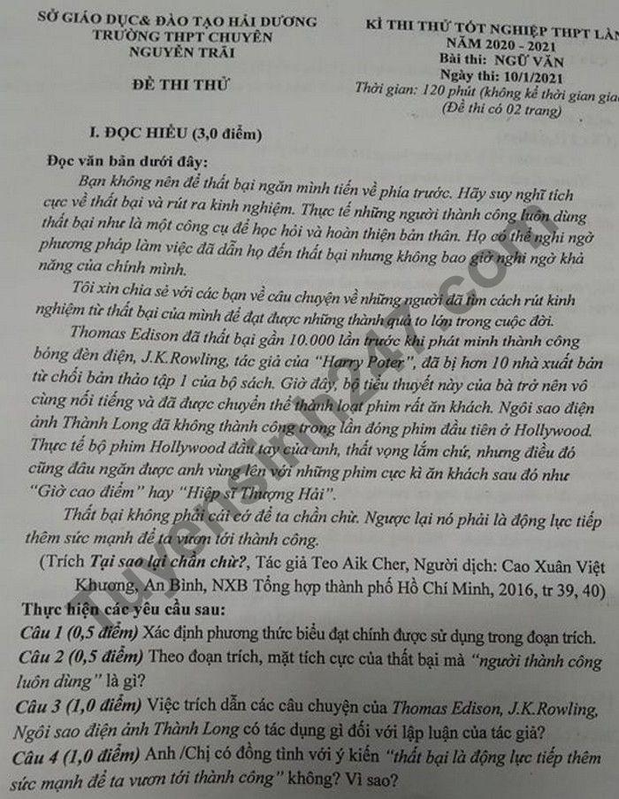 De thi thu Tot nghiep THPT 2021 lan 1 THPT Chuyen Nguyen Trai mon Van