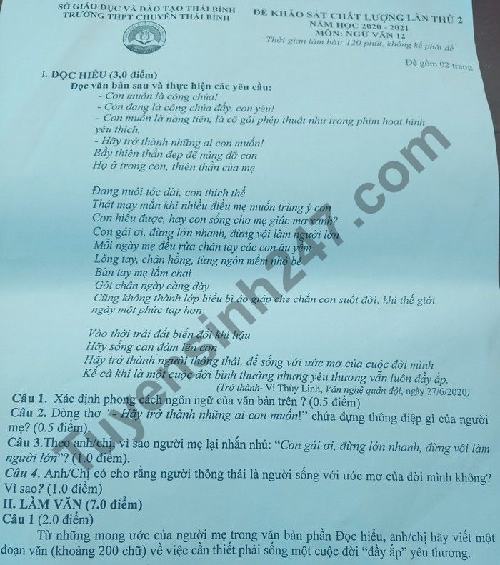 De thi KSCL lan 2 mon Van lop 12 THPT chuyen Thai Binh nam 2021