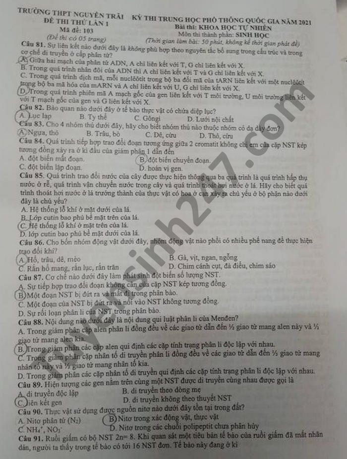 De thi thu Tot nghiep THPT 2021 lan 1 mon Sinh THPT Nguyen Trai