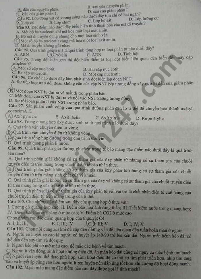 De thi thu Tot nghiep THPT 2021 lan 1 mon Sinh THPT Nguyen Trai