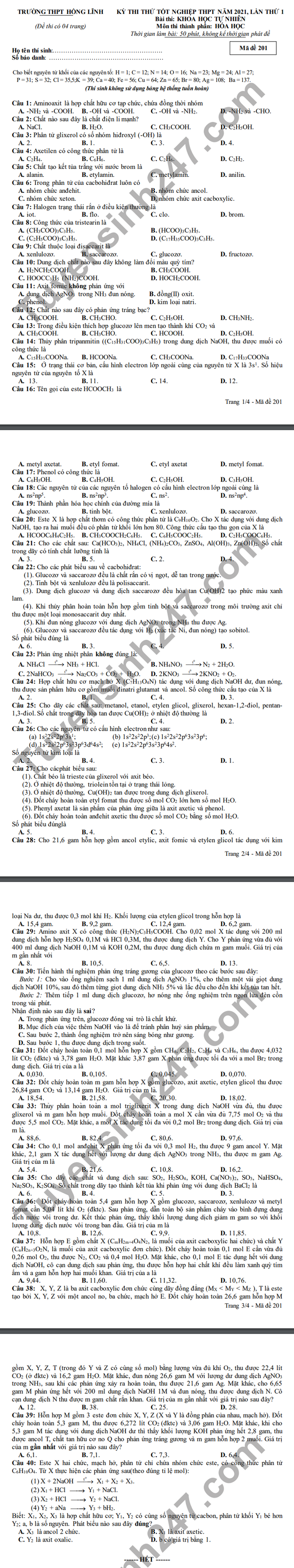De thi thu tot nghiep THPT 2021 lan 1 THPT Hong Linh mon Hoa
